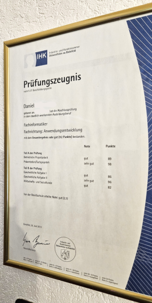 IHK Prüfungszeugnis sehr gut - 2013